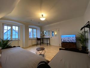 1 Schlafzimmer mit 2 Betten und einem Flachbild-TV in der Unterkunft Room in Apartment - Allgauer Festwoche 150m Entfernt in Kempten