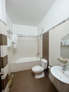 峴港的住宿－Nam A Hotel - Central City，白色的浴室设有卫生间和水槽。
