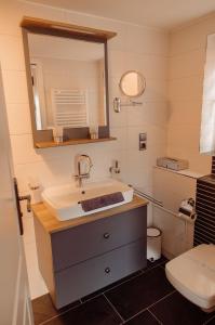 ein Bad mit einem Waschbecken und einem WC in der Unterkunft AnaCapri Gästehaus Lugano in Ueckermünde