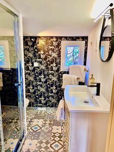 uma casa de banho com um lavatório e um chuveiro em Astoria Villa maison d hôtes Appartement vue mer avec piscine em Cassis