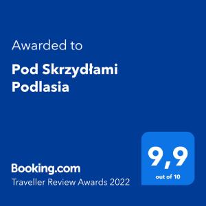 een schermafdruk van een mobiele telefoon met de tekst toegekend aan pod skypechamroll bij Pod Skrzydłami Podlasia in Siemiatycze