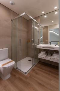 a bathroom with a shower and a toilet and a sink at APARTAMENTOS TURISTICOS QUINTA LA PLAZA in Quintanadueñas