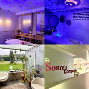 a collage of photos of a room with purple lighting at Hotel Rural Spa & Wellness Hacienda Los Robles in Navacerrada