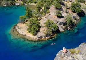 an aerial view of an island in the water at Explora en Parque Nacional Patagonia in Cochrane