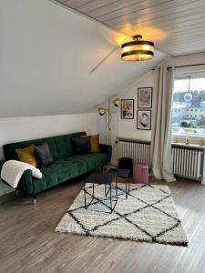 a living room with a green couch and a rug at Mühlbachs 2 in Kaufbeuren