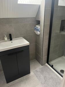 a bathroom with a sink and a shower at Large Newly Refurbished Lakeside Chalet With Optional Hot Tub & Boat Hire in Duneena