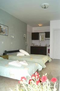 dwa łóżka w pokoju hotelowym z kwiatami na podłodze w obiekcie Pygolampida Studios w mieście Mitylena