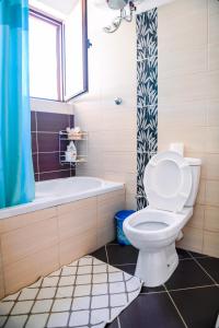 een badkamer met een toilet, een bad en een raam bij Villa Kuci, Drobonik Berat in Berat