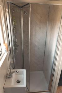 a shower with a glass door next to a sink at Dog friendly Beautifully furnished Shepherds Hut set in the Kent Countryside in Aldington