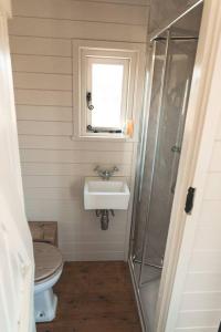 a bathroom with a toilet and a sink and a window at Dog friendly Beautifully furnished Shepherds Hut set in the Kent Countryside in Aldington
