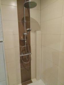 La salle de bains est pourvue d'une douche avec une porte en verre. dans l'établissement Große Ferienwohnung in Koblenz, à Coblence