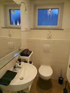 La salle de bains est pourvue d'un lavabo, de toilettes et d'une fenêtre. dans l'établissement Große Ferienwohnung in Koblenz, à Coblence