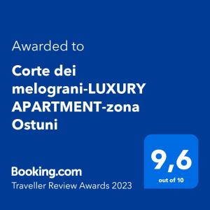 a blue sign with the text awarded to centre del migrant luxury apartment zzone at Corte dei melograni-Suite familiare-zona Ostuni in Montalbano