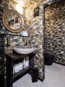 a bathroom with a sink and a mirror at Peanut Medieval Lodge in Saint-Ursanne