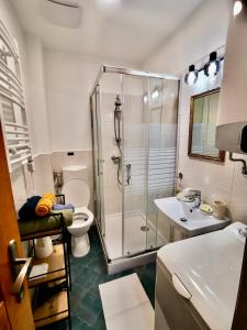 a bathroom with a shower and a toilet and a sink at Mrs. Columbo's Flat in Budapest