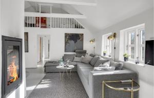 a living room with a couch and a fireplace at Amazing Home In Pandrup in Pandrup