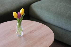 a vase of flowers sitting on a table at Appartement Deluxe by Fam. Steiert in Schwanau