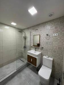 uma casa de banho com um WC, um lavatório e um chuveiro em At Funicular Hostel em Tbilisi