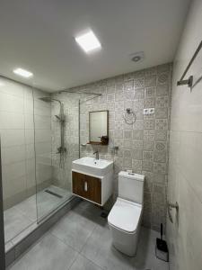 a bathroom with a toilet and a sink and a shower at At Funicular Hostel in Tbilisi City