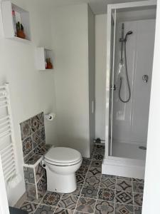 łazienka z toaletą i prysznicem w obiekcie La petite maison de Kerguiniou w mieście Glomel +14 zdjęć