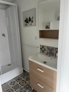 łazienka z umywalką i prysznicem w obiekcie La petite maison de Kerguiniou w mieście Glomel