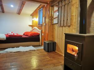 a bedroom with a bed and a wood stove at Holiday Home La Sierra in Korenica