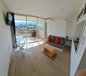ein Wohnzimmer mit einem Sofa und einem Tisch in der Unterkunft Farfalla in Calvi