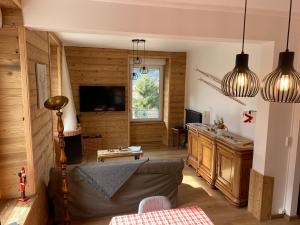 ein Wohnzimmer mit einem Sofa und einem TV in der Unterkunft L'apparté de G, Gîte 3 étoiles de montagne cosy in Gérardmer