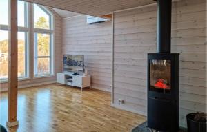 una sala de estar con estufa de leña en una casa en Pet Friendly Home In Lyngdal With Kitchen, en Lyngdal