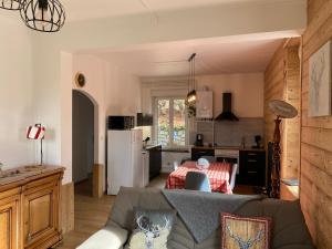 ein Wohnzimmer mit einem Sofa und einer Küche in der Unterkunft L'apparté de G, Gîte 3 étoiles de montagne cosy in Gérardmer