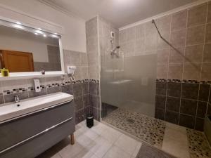 een badkamer met een douche, een wastafel en een bad bij Plenitude in Saint-Chamond
