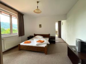 Un pat sau paturi într-o cameră la Pensiunea Cehov