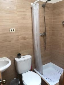 y baño con aseo, lavabo y ducha. en Hospedaje 2174, en Iquique