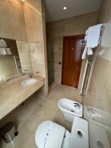 y baño con lavabo, aseo y espejo. en Duque de Wellington, en Vitoria-Gasteiz