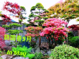 a sign that reads in may in a garden with pink trees at Otarunishikien in Otaru