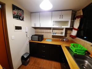 eine kleine Küche mit Spüle und Mikrowelle in der Unterkunft Departamento amoblado en Arequipa, Cerro Colorado - Plaza las Américas in La Libertad + 3 Fotos