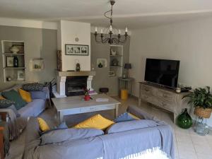ein Wohnzimmer mit 2 Sofas und einem TV in der Unterkunft Mas dans les lavandes in Ménerbes