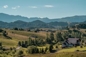 a house on a hill with mountains in the background at Tripsylvania Tiny House Kili in Şirnea