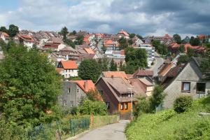 uitzicht op een stad met huizen en een weg bij Ferienwohnung Wiesenblick mit Terrasse im Landhaus Fischer in Sankt Andreasberg