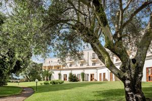 uma grande casa branca com uma árvore em primeiro plano em Blu Hotel Morisco em Cannigione