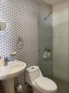 a bathroom with a toilet and a sink and a shower at Villa Ladera de la Montańa in Jarabacoa +24 photos