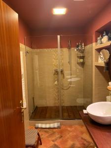 uma casa de banho com um chuveiro e um lavatório. em Cal Bonic em Riudarenes