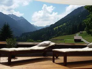 two beds on a deck with a view of a mountain at Bergfee Natur Appartements in Nesselwängle