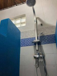 La salle de bains est pourvue d'une douche bleue et blanche. dans l'établissement Villa Tsara - Vacances de rêve à la mer, à Nosy Be