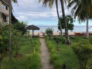 un camino de tierra que conduce a una playa con palmeras en Villa Tsara - Vacances de rêve à la mer en Nosy Be