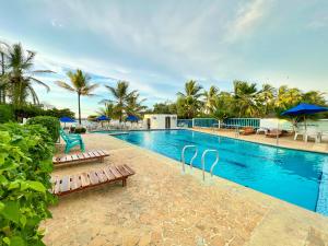 uma piscina com bancos e guarda-sóis e palmeiras em Condominio bahia blanca em Coveñas