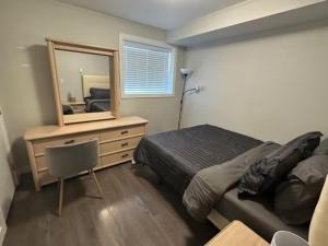 1 dormitorio con 1 cama y vestidor con espejo en Cozy BSMT Apt w/2BR+Disney+ Nflx, en Saskatoon