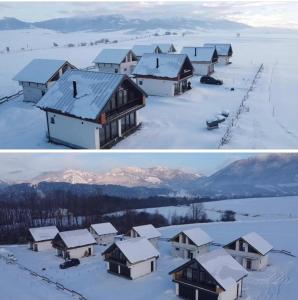 dos fotos de una casa cubierta de nieve en Holiday Resort Šefec, en Liptovská Sielnica