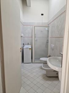 ein Bad mit einem WC, einem Waschbecken und einer Dusche in der Unterkunft Vittoria al Lago in Desenzano del Garda