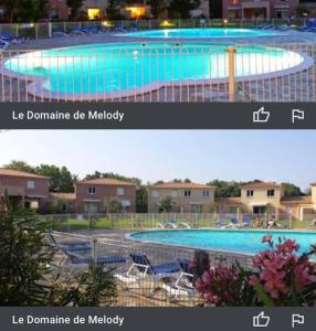 - deux photos d'une piscine dans un complexe dans l'établissement studio avec balnéo proche mer, à Moriani-Plage